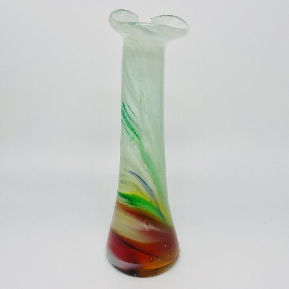 Handblown Bud Vase Art Glass Ruffled Edge White Green Red 6.5” Mint Condition